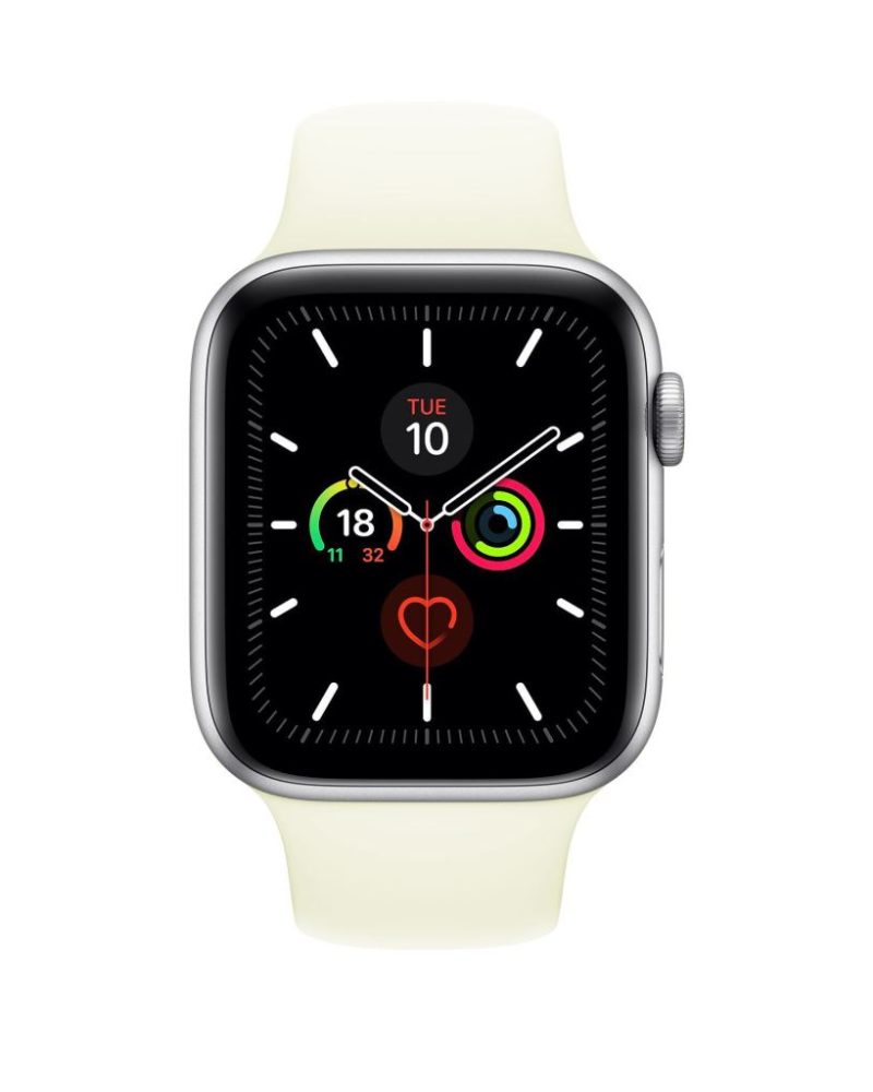 Soft white silicone Apple Watch sport band with silver aluminum case