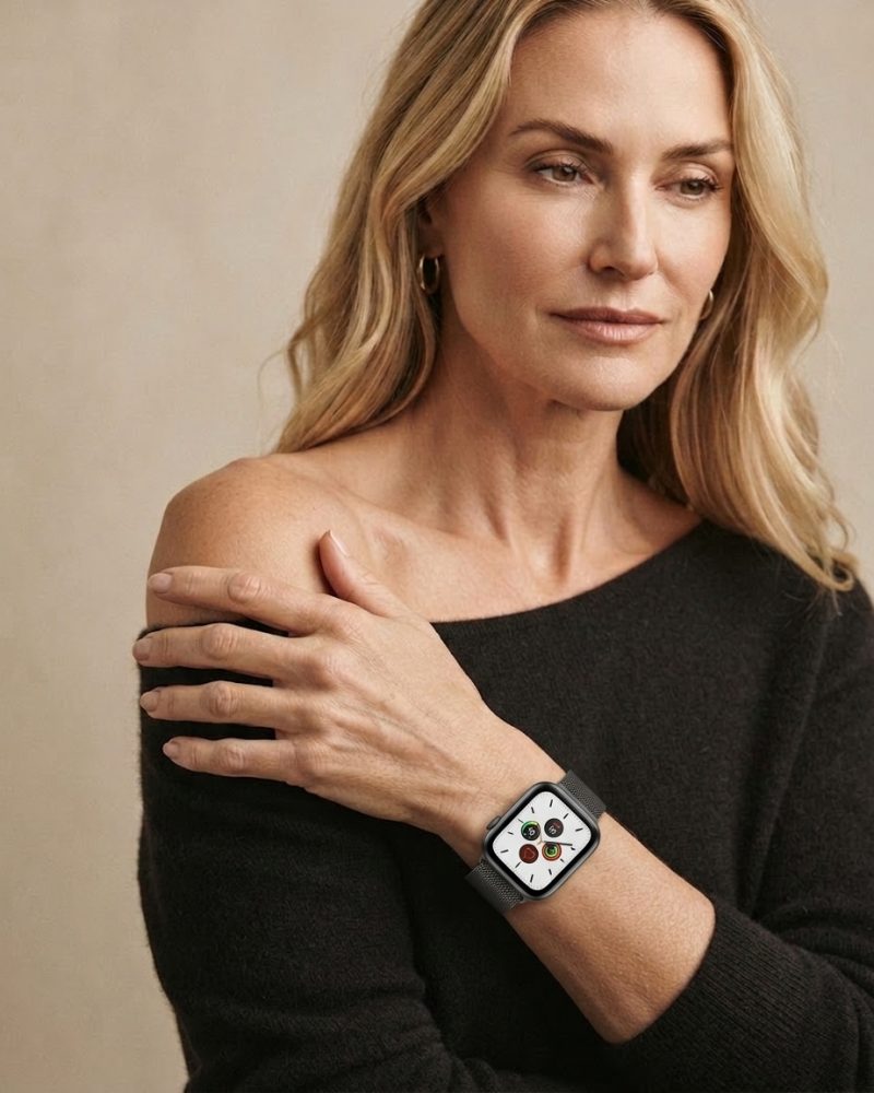 Model wearing Space Grey Milanese Loop for Apple Watch Apple Watch band