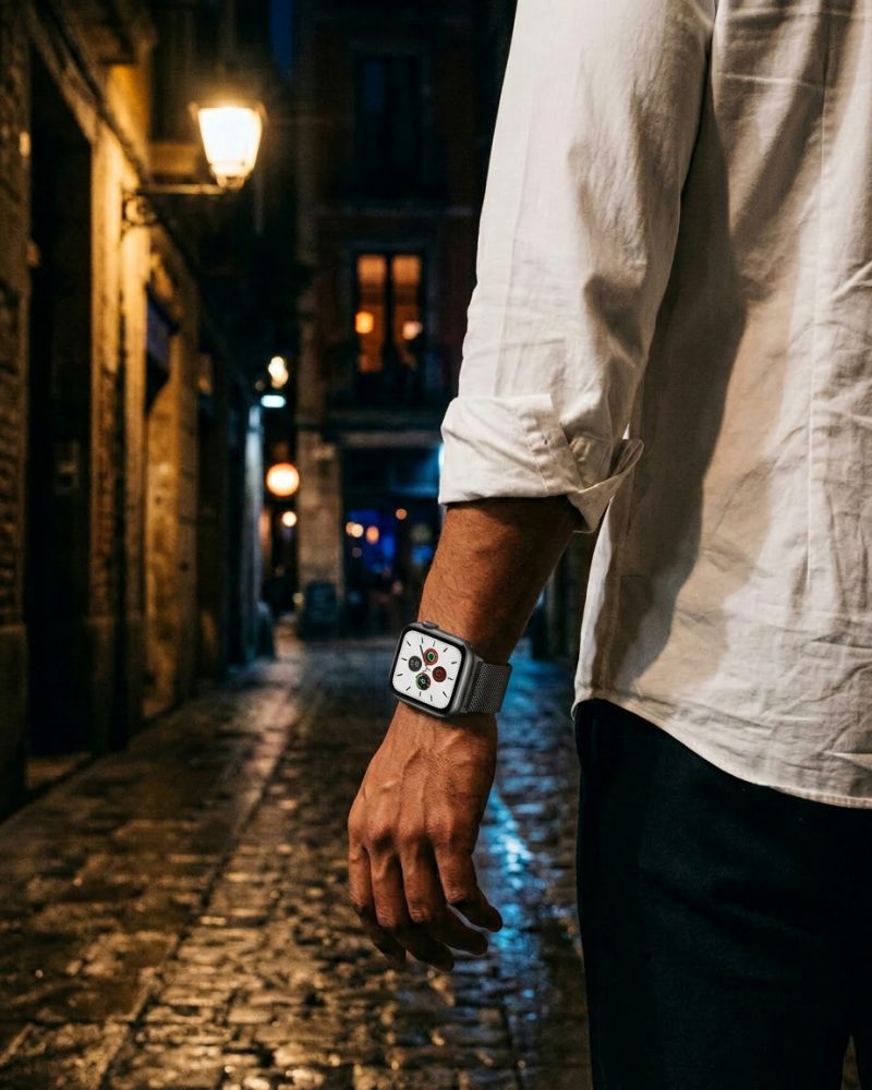 Model wearing Space Grey Milanese Loop for Apple Watch Apple Watch band