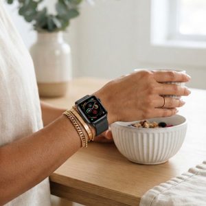 Model wearing Space Grey Milanese Loop for Apple Watch Apple Watch band