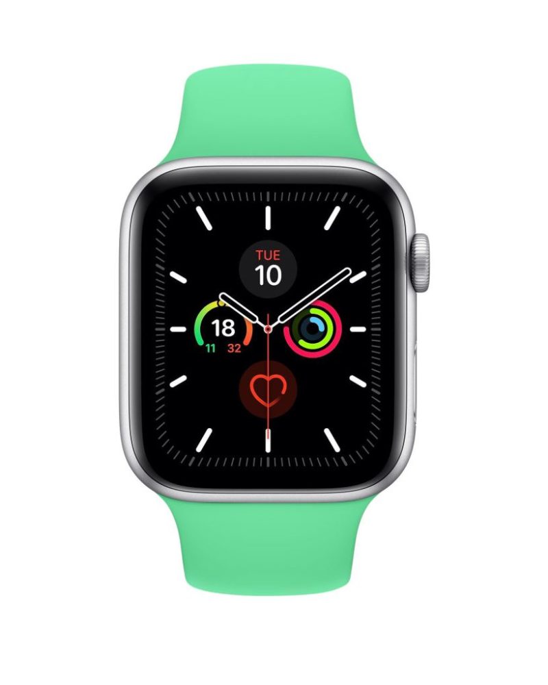 Spearmint green silicone Apple Watch sport band with silver aluminum case