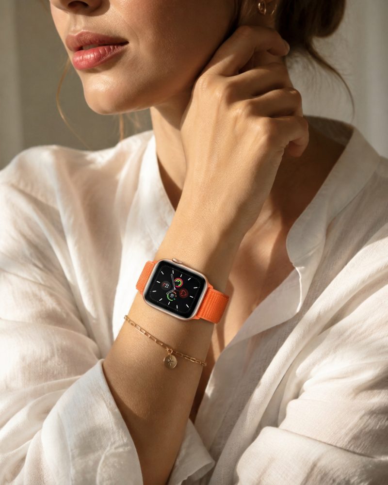 Model wearing Spicy Orange Sport Loop For Apple Watch Apple Watch band