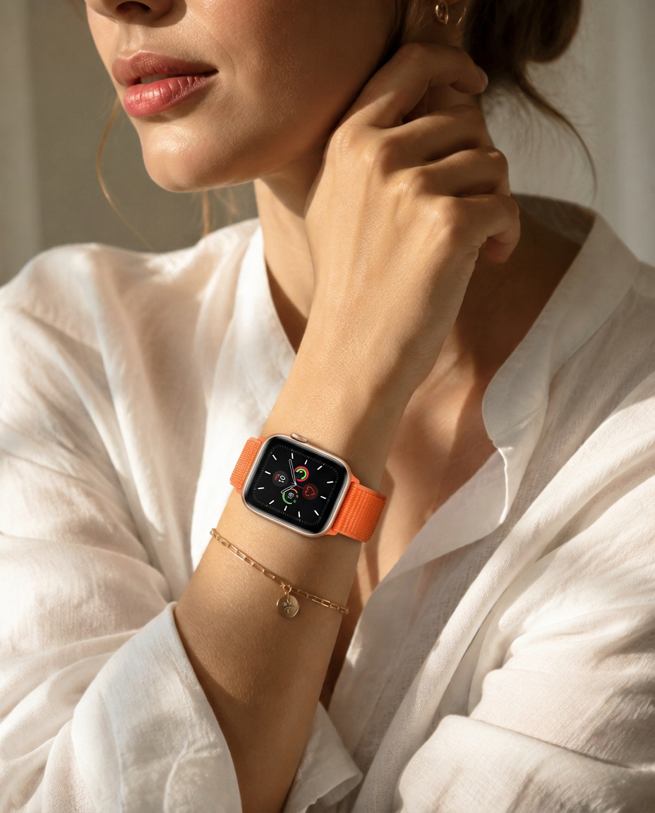 Model wearing Spicy Orange Sport Loop For Apple Watch Apple Watch band