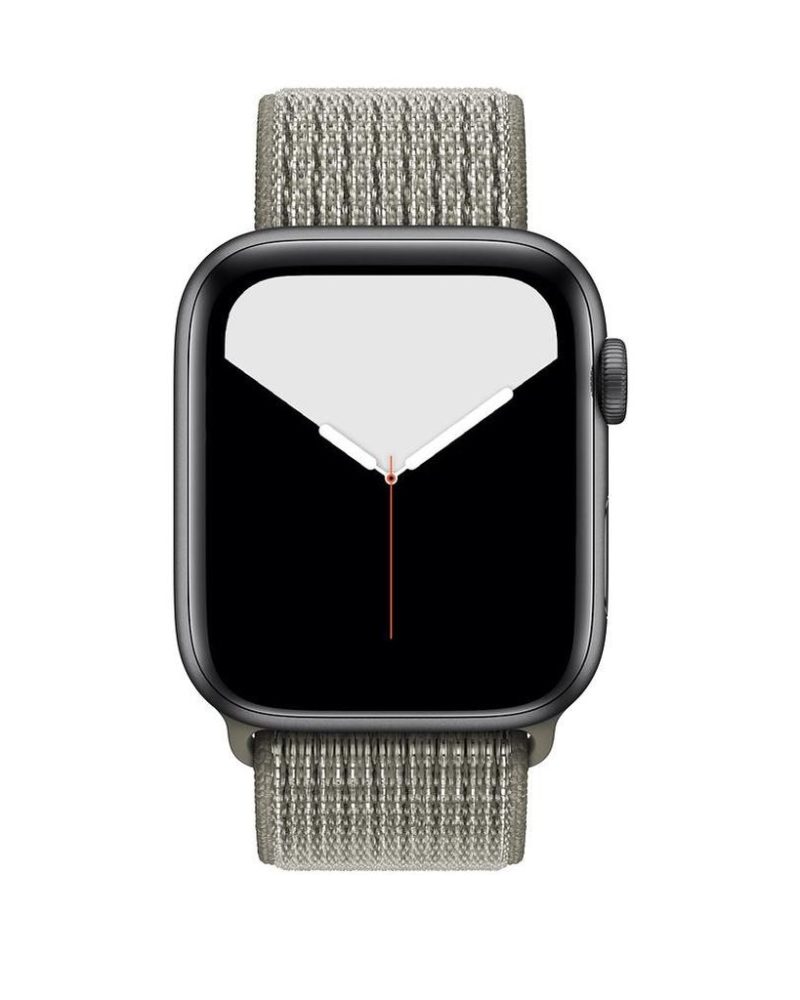 Spruce green woven nylon Sport Loop band on Apple Watch with space gray aluminum case