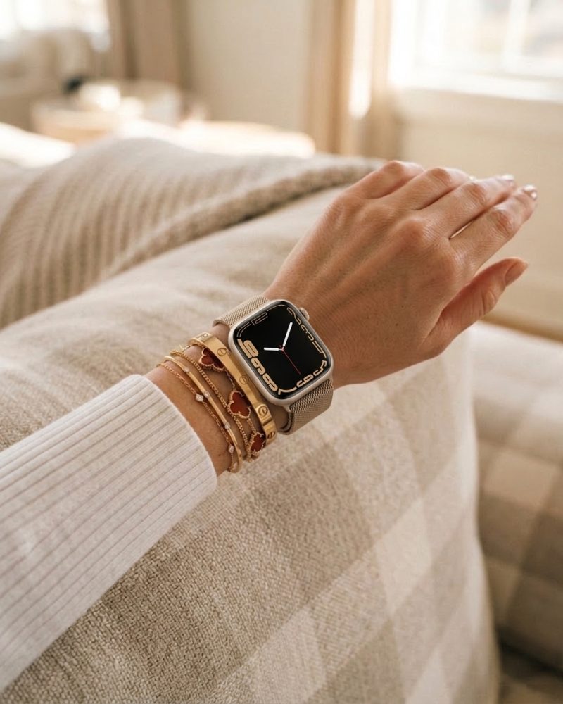 Model wearing Starlight Milanese Loop Band For Apple Watch Apple Watch band