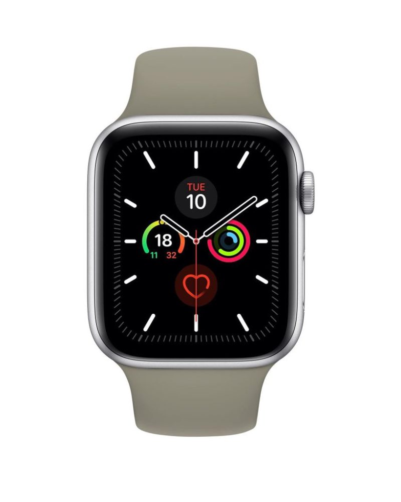 Stone-coloured silicone Apple Watch sport band with silver aluminium case shown.