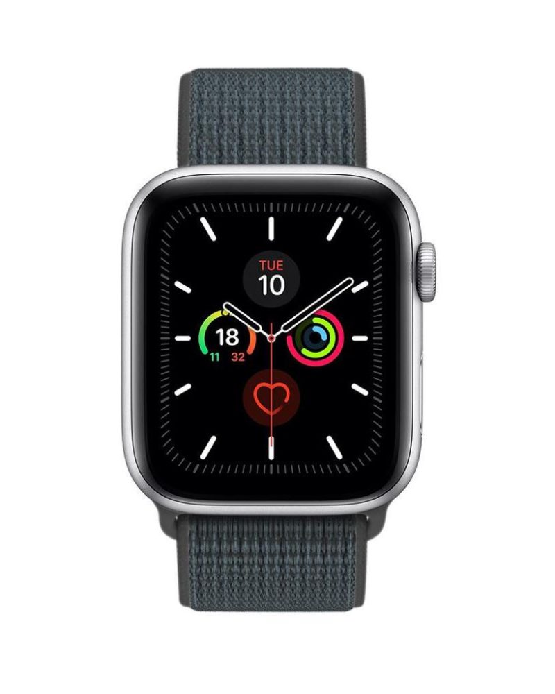 Storm grey woven nylon Sport Loop band on silver aluminium Apple Watch