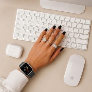 Model wearing Storm Grey Sport Loop For Apple Watch Apple Watch band