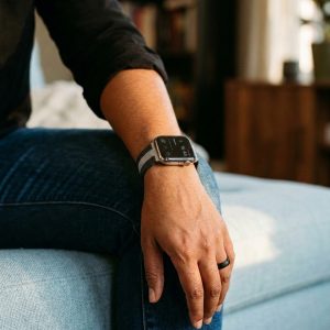 Model wearing Stripe Black And White Milanese Loop For Apple Watch Apple Watch band