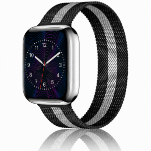 Model wearing Stripe Black And White Milanese Loop For Apple Watch Apple Watch band