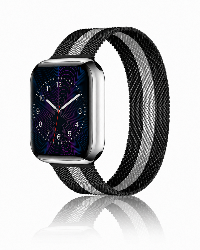Model wearing Stripe Black And White Milanese Loop For Apple Watch Apple Watch band