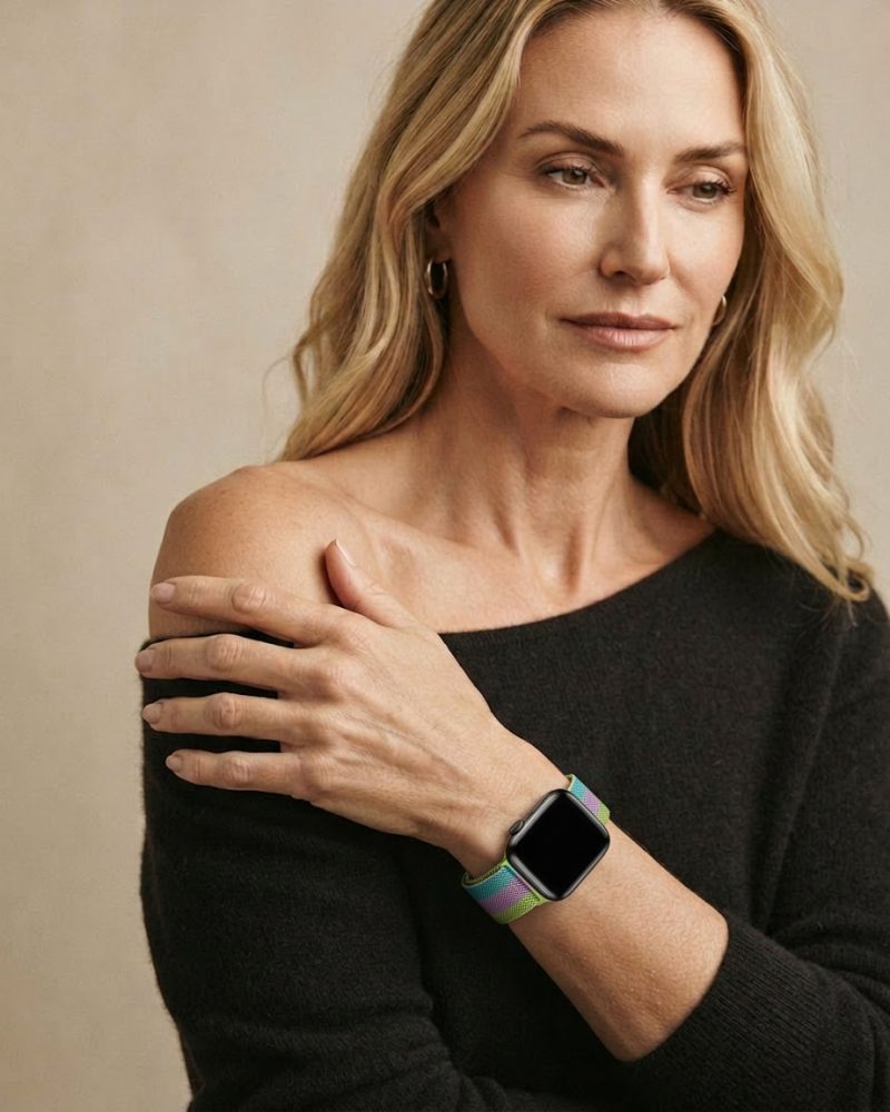 Model wearing Stripe Bright Green With Purple And White Lake Blue Milanese Loop For Apple Watch Apple Watch band