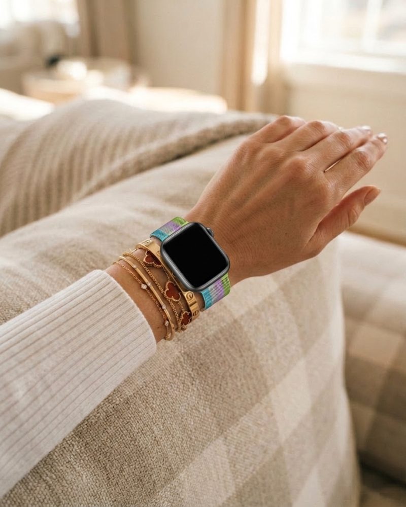Model wearing Stripe Bright Green With Purple And White Lake Blue Milanese Loop For Apple Watch Apple Watch band