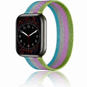Model wearing Stripe Bright Green With Purple And White Lake Blue Milanese Loop For Apple Watch Apple Watch band