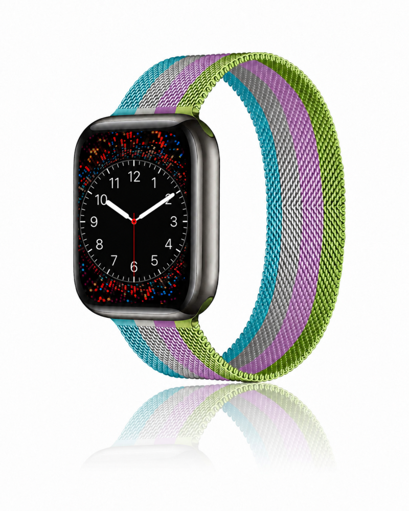 Model wearing Stripe Bright Green With Purple And White Lake Blue Milanese Loop For Apple Watch Apple Watch band