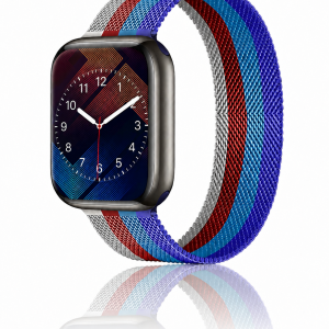 Model wearing Stripe Dark Blue With Sapphire Blue Red And White Milanese Loop For Apple Watch Apple Watch band