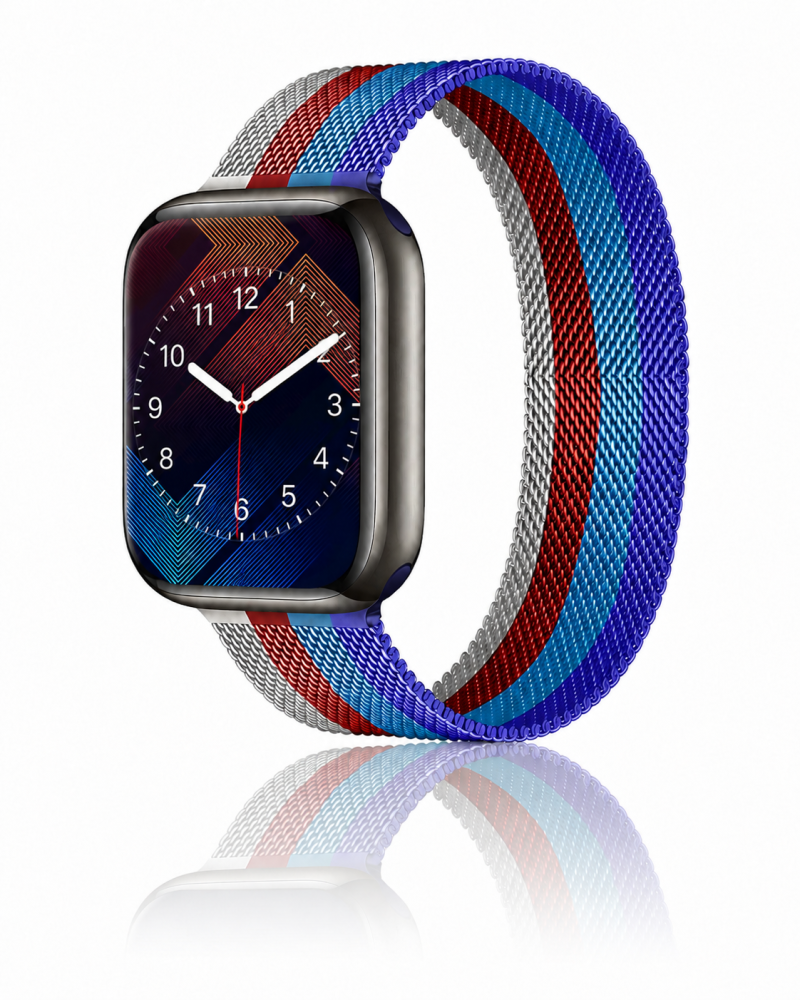 Model wearing Stripe Dark Blue With Sapphire Blue Red And White Milanese Loop For Apple Watch Apple Watch band