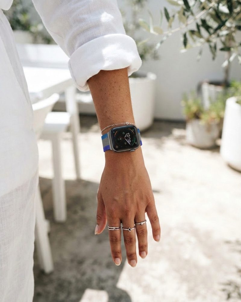 Model wearing Stripe Dark Blue With Sappire Blue Off White Milanese Loop For Apple Watch Apple Watch band