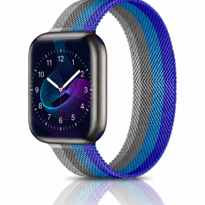Model wearing Stripe Dark Blue With Sappire Blue Off White Milanese Loop For Apple Watch Apple Watch band