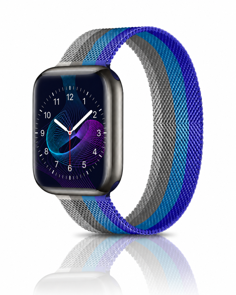 Model wearing Stripe Dark Blue With Sappire Blue Off White Milanese Loop For Apple Watch Apple Watch band