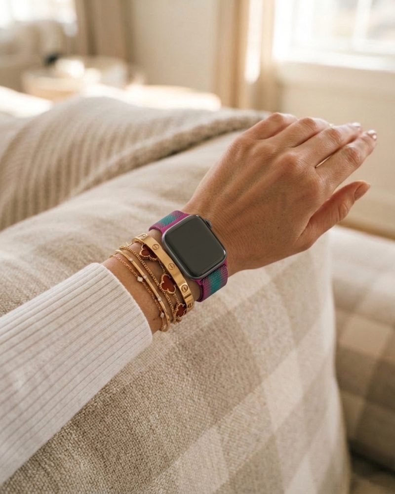 Model wearing Stripe Light Red With Gray Lake Green Lake Blue Milanese Loop For Apple Watch Apple Watch band