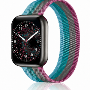 Model wearing Stripe Light Red With Gray Lake Green Lake Blue Milanese Loop For Apple Watch Apple Watch band