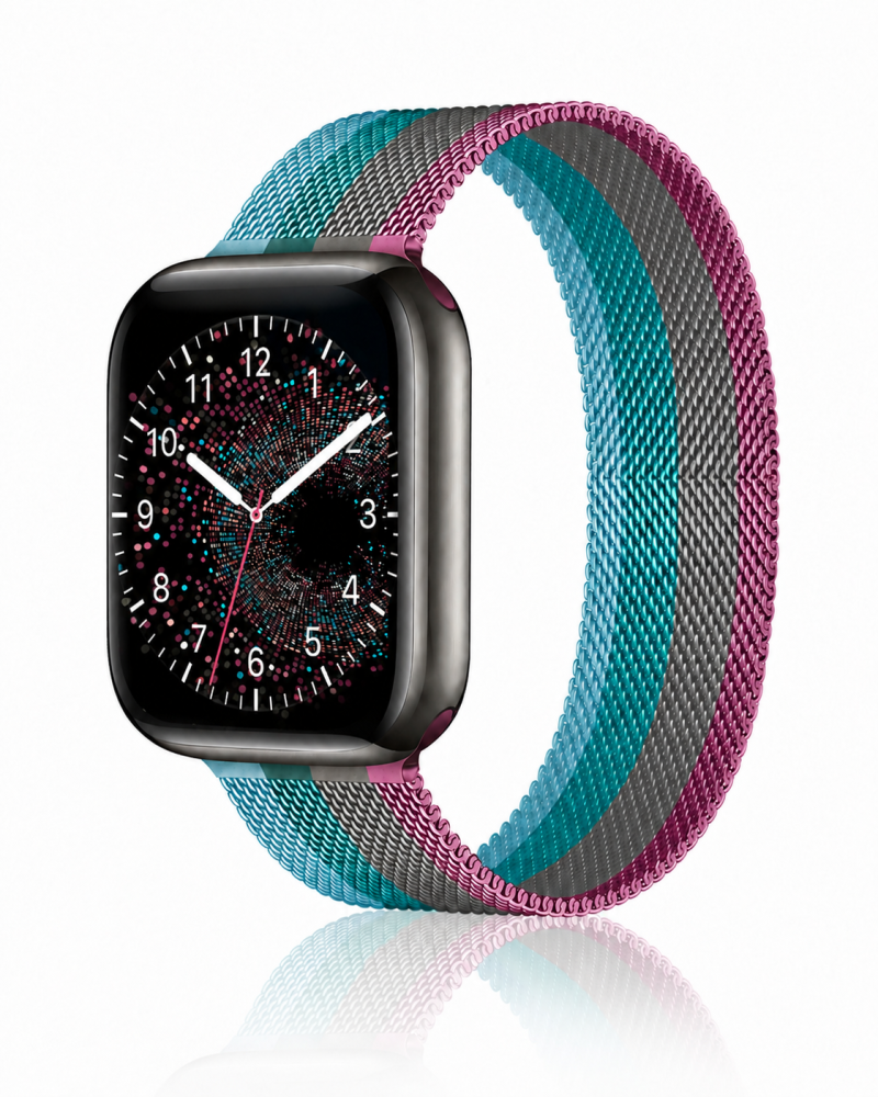 Model wearing Stripe Light Red With Gray Lake Green Lake Blue Milanese Loop For Apple Watch Apple Watch band