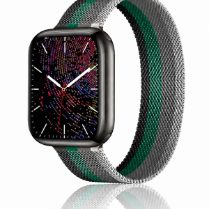 Model wearing Stripe White With Grey Green Black Milanese Loop For Apple Watch Apple Watch band