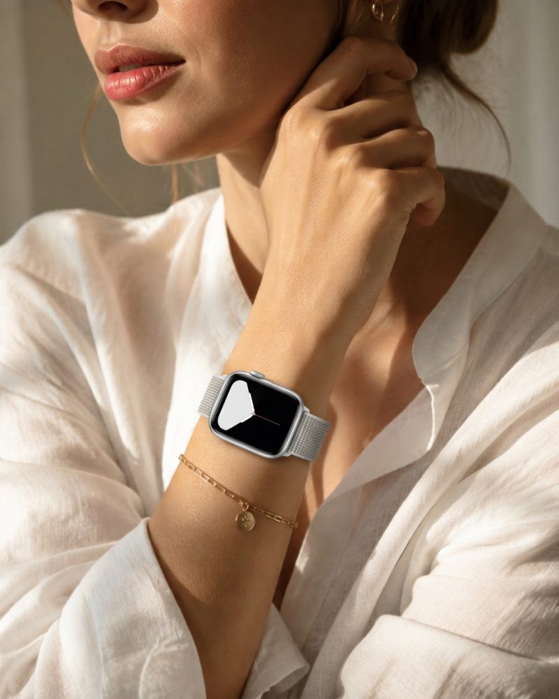 Model wearing Summit White Sport Loop For Apple Watch Apple Watch band