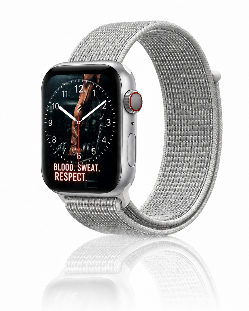 Model wearing Summit White Sport Loop For Apple Watch Apple Watch band
