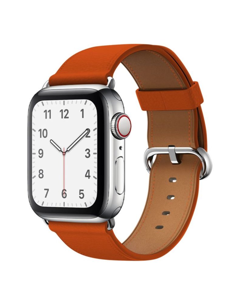 Sunset orange leather Apple Watch band with silver buckle clasp