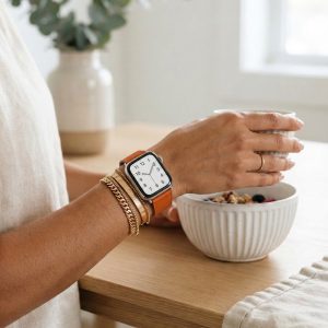 Model wearing Sunset Classic Leather Buckle for Apple Watch Apple Watch band