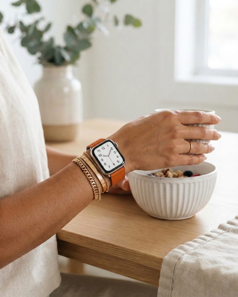 Model wearing Sunset Classic Leather Buckle for Apple Watch Apple Watch band