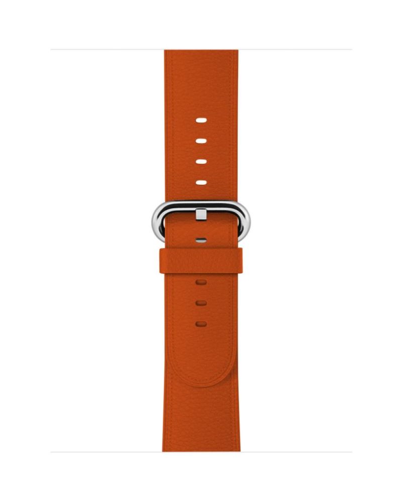 Sunset orange leather Apple Watch band with silver classic buckle clasp