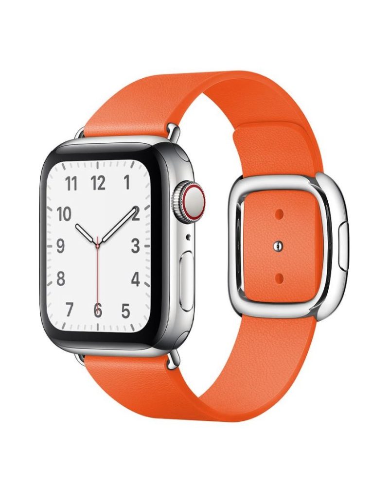 Sunset orange leather Apple Watch band with silver modern buckle clasp