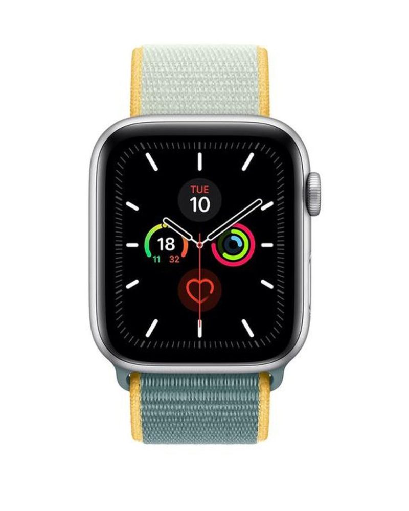 Sunshine yellow, sage green, and cream woven nylon Sport Loop band on Apple Watch