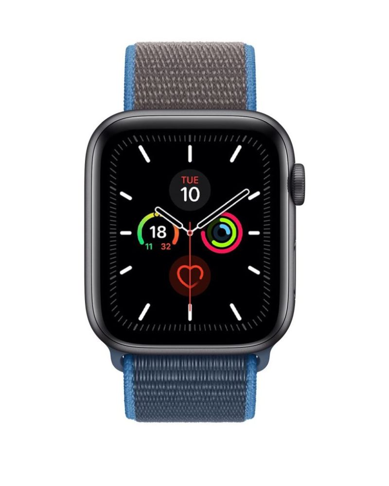 Surf blue and grey woven nylon Sport Loop band on space gray Apple Watch