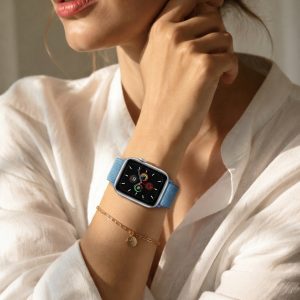 Model wearing Tahoe Blue Sport Loop For Apple Watch Apple Watch band