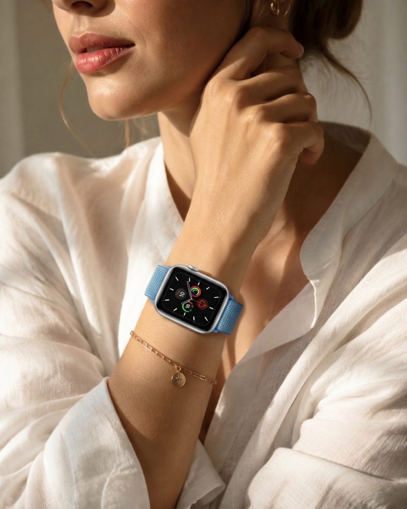Model wearing Tahoe Blue Sport Loop For Apple Watch Apple Watch band