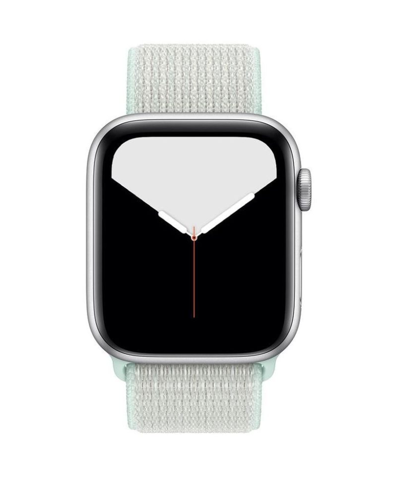 Teal tint woven nylon Sport Loop band attached to a silver Apple Watch