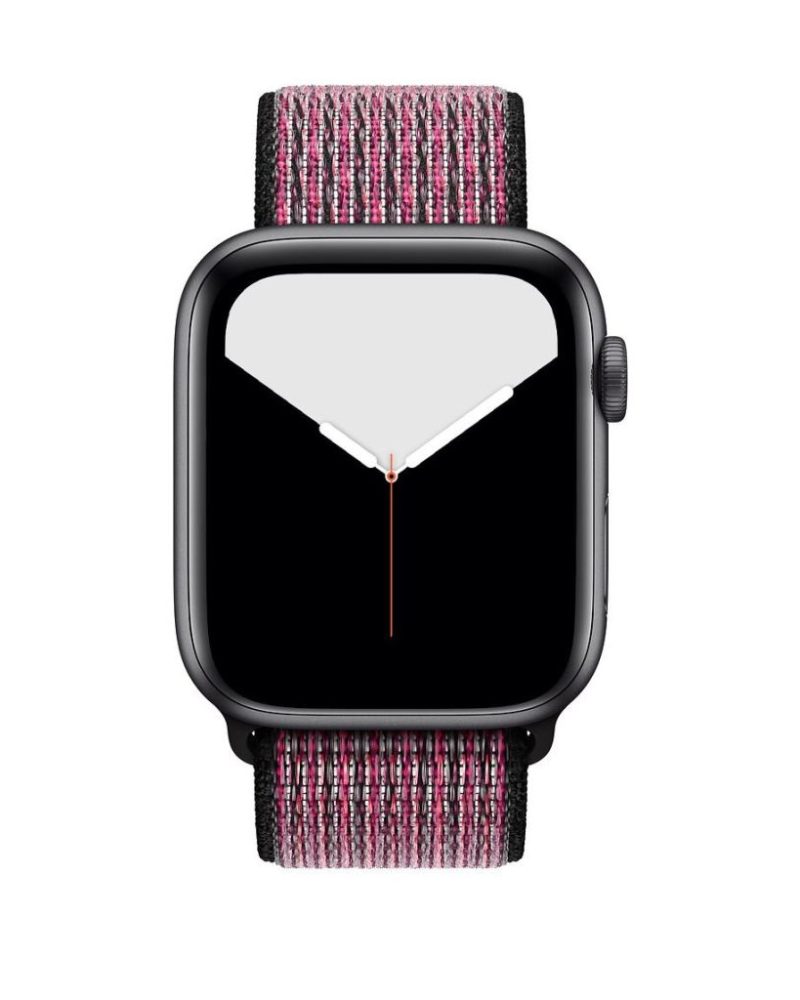 True Berry pink and black woven nylon Sport Loop band on Space Gray Apple Watch
