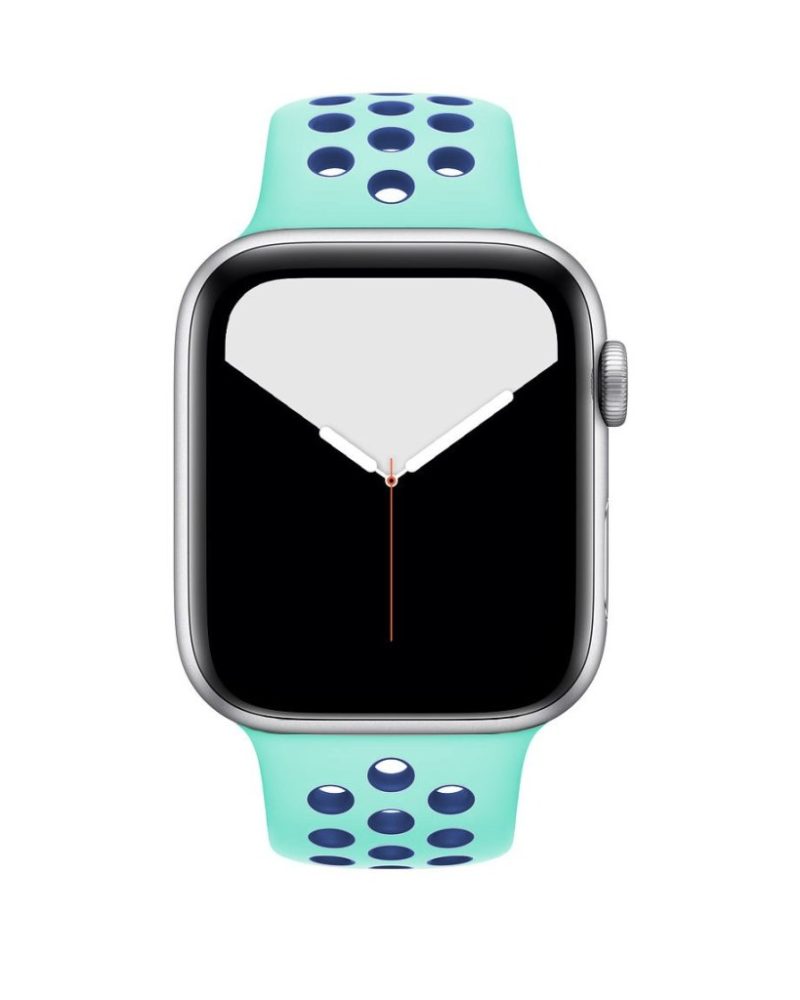 Turquoise and midnight blue perforated silicone Apple Watch sport band on silver aluminum case