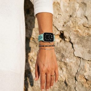 Model wearing Turquoise/Midnight Blue Sport Band Active for Apple Watch Apple Watch band