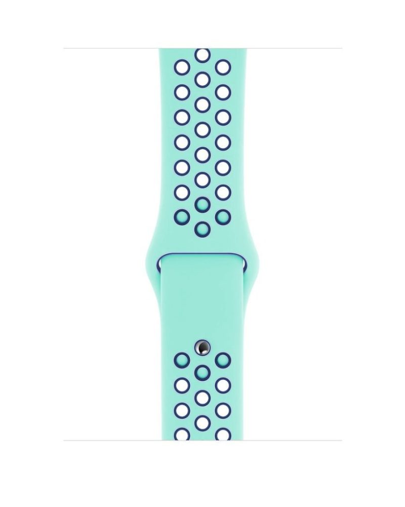 Turquoise and midnight blue perforated silicone Apple Watch sport band with pin-and-tuck closure