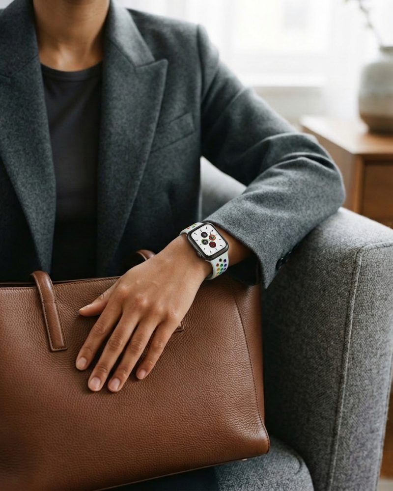 Model wearing Turquoise/Rainbow Pride Sport Band Active for Apple Watch Apple Watch band