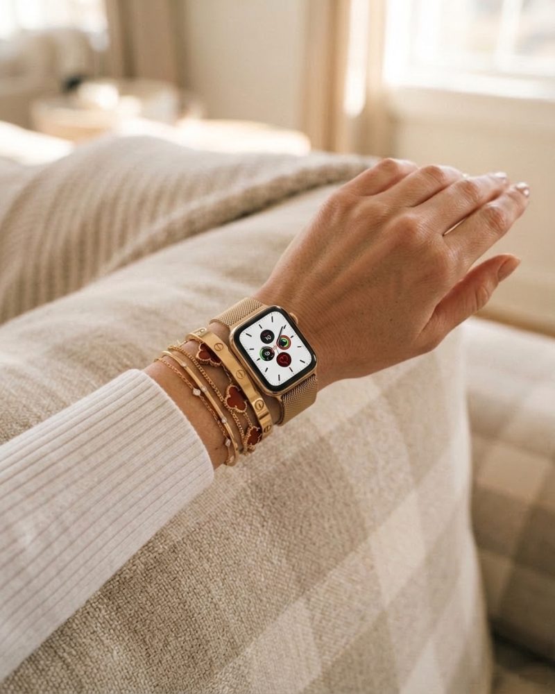 Model wearing Vintage Gold Milanese Loop for Apple Watch Apple Watch band