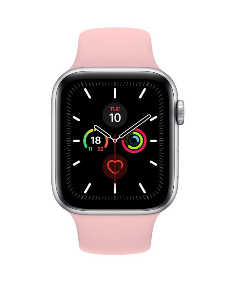 Vintage Rose pink silicone sport band on silver Apple Watch