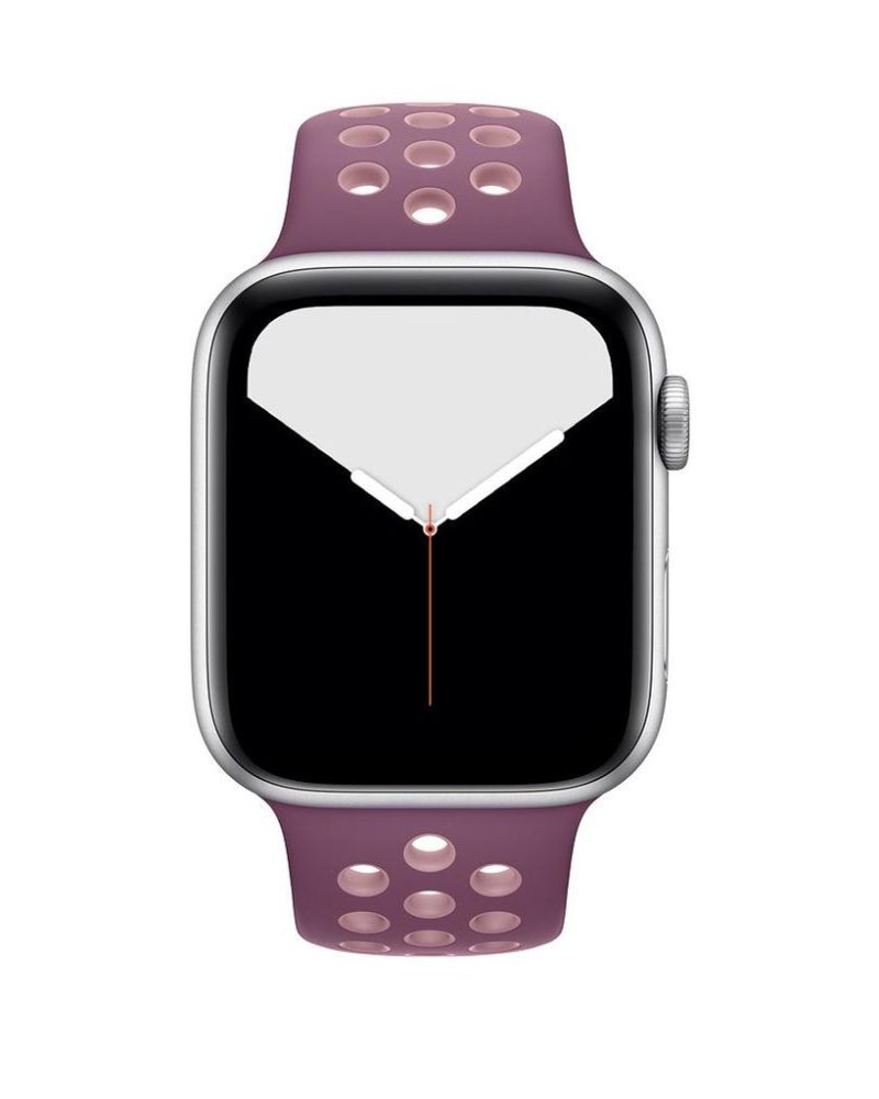 Violet and soft pink perforated silicone sport band on silver Apple Watch