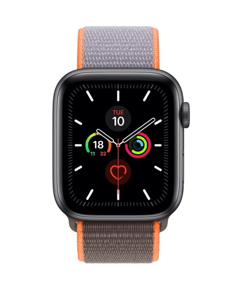 Orange and grey nylon Sport Loop band on space grey Apple Watch