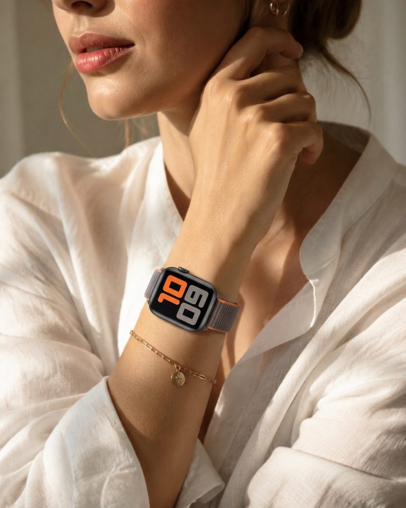 Model wearing Vitamin C Sport Loop For Apple Watch Apple Watch band